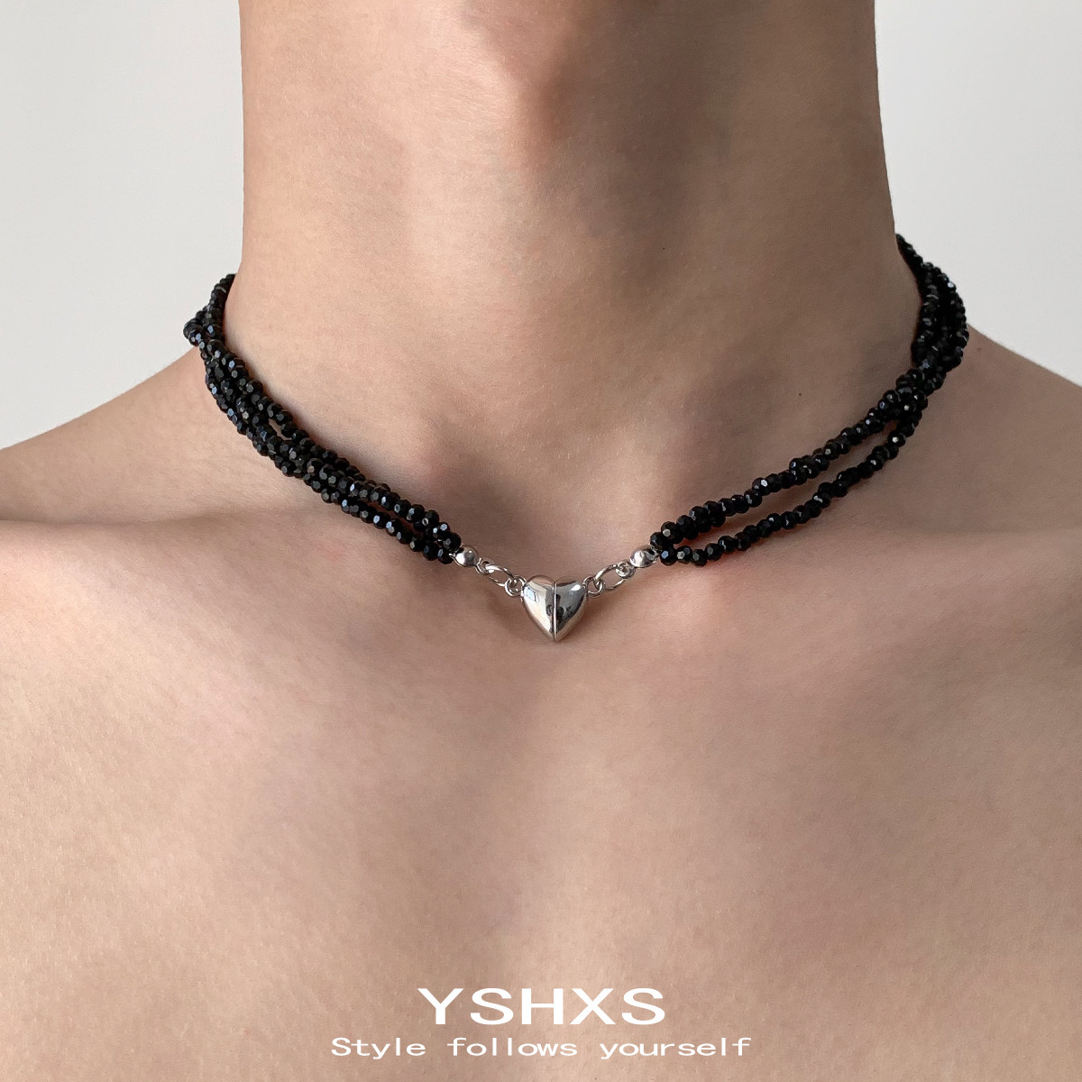黑色爱心串珠项链女款颈链甜酷辣妹锁骨链小众设计高级感配饰,饰品/流行首饰/时尚饰品新,项链,淘宝优惠券,粉丝福利购,淘宝优惠卷