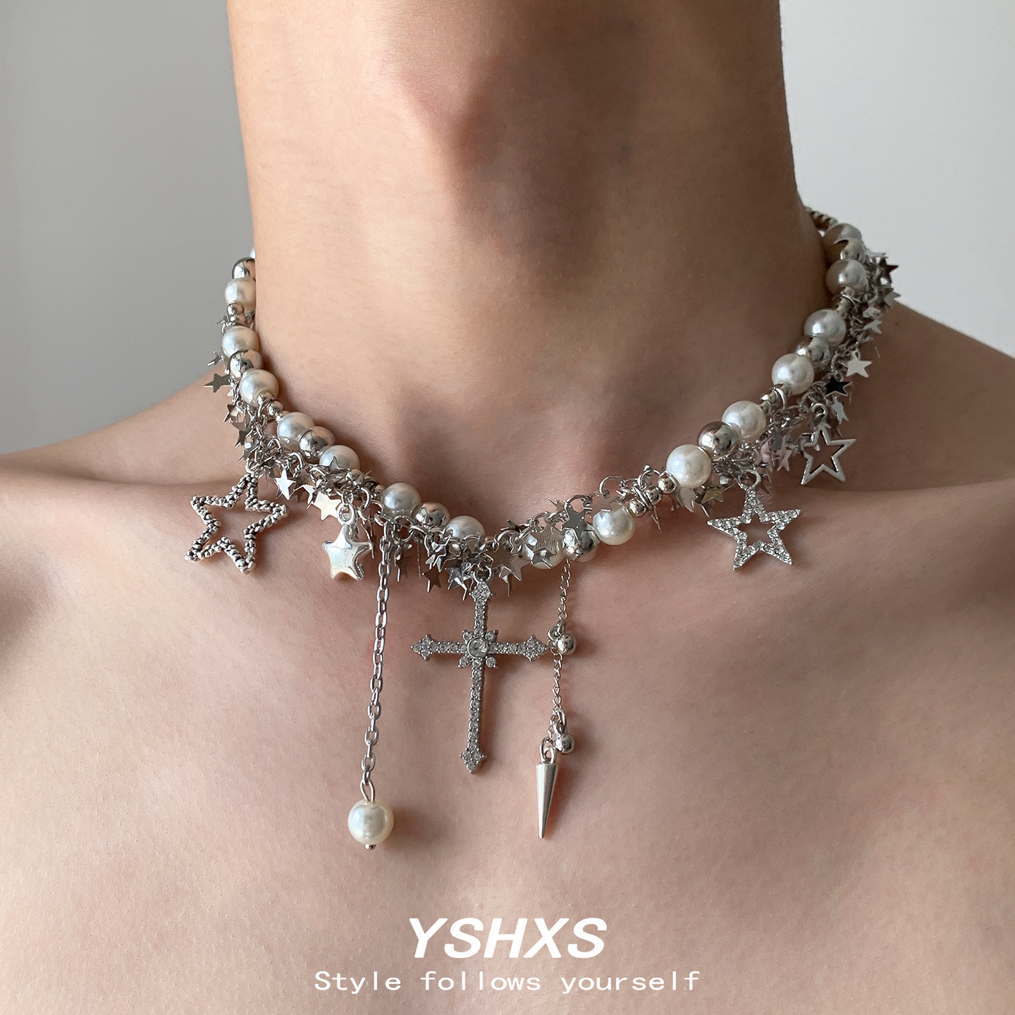 星星十字架流苏吊坠项链女