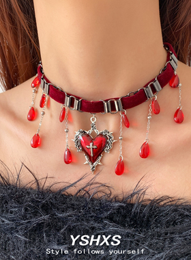 红色爱心水滴复古小众流苏项圈