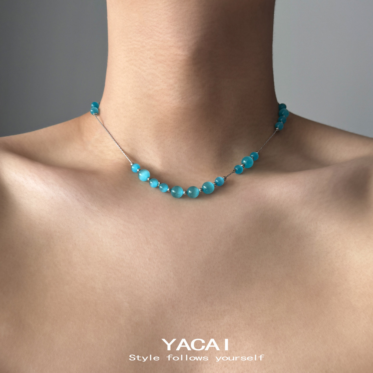 蓝色圆珠猫眼石小清新项链小众设计高级感简约锁骨链水性配饰,饰品/流行首饰/时尚饰品新,项链,淘宝优惠券,粉丝福利购,淘宝优惠卷