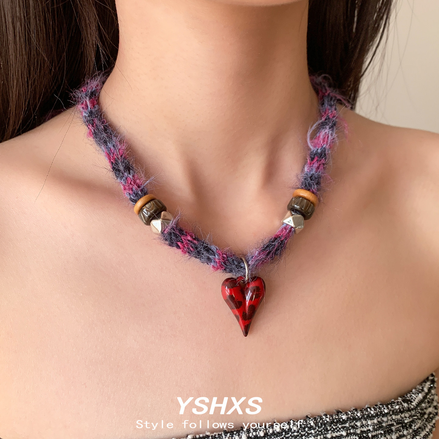 紫色甜酷手工编织毛线项链爱心斑点吊坠抽拉式毛衣链时尚亚比配饰,饰品/流行首饰/时尚饰品新,项链,淘宝优惠券,粉丝福利购,淘宝优惠卷