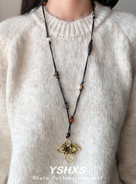 复古花朵吊坠项链女合金编织绳多层长款毛衣链小众设计民族风饰品