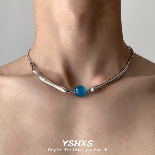 蓝色猫眼石y2k金属拼接项链