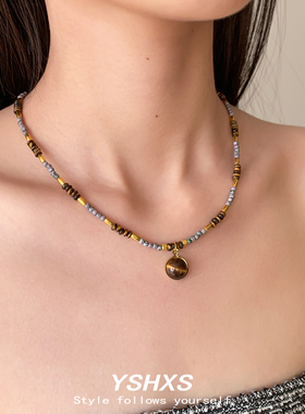 虎眼石串珠项链女复古轻奢锁骨链