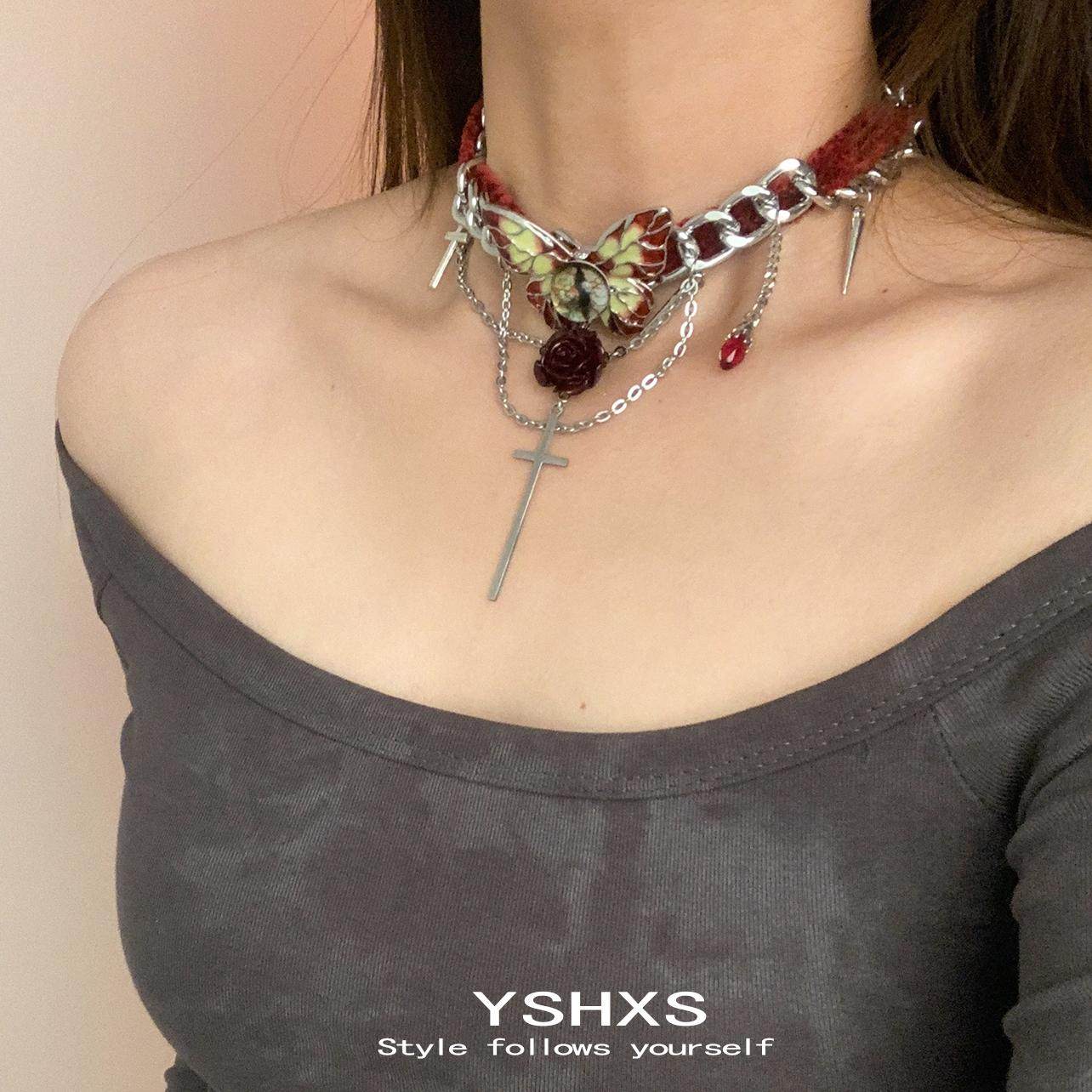 哥特风蝴蝶十字架红丝绒项链缠绕甜酷辣妹choker小众锁骨链颈链,饰品/流行首饰/时尚饰品新,项链,淘宝优惠券,粉丝福利购,淘宝优惠卷