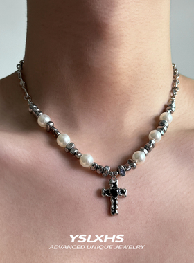 十字架珍珠项链男款高级感夸张钛钢锁骨链小众设计感choker颈链女