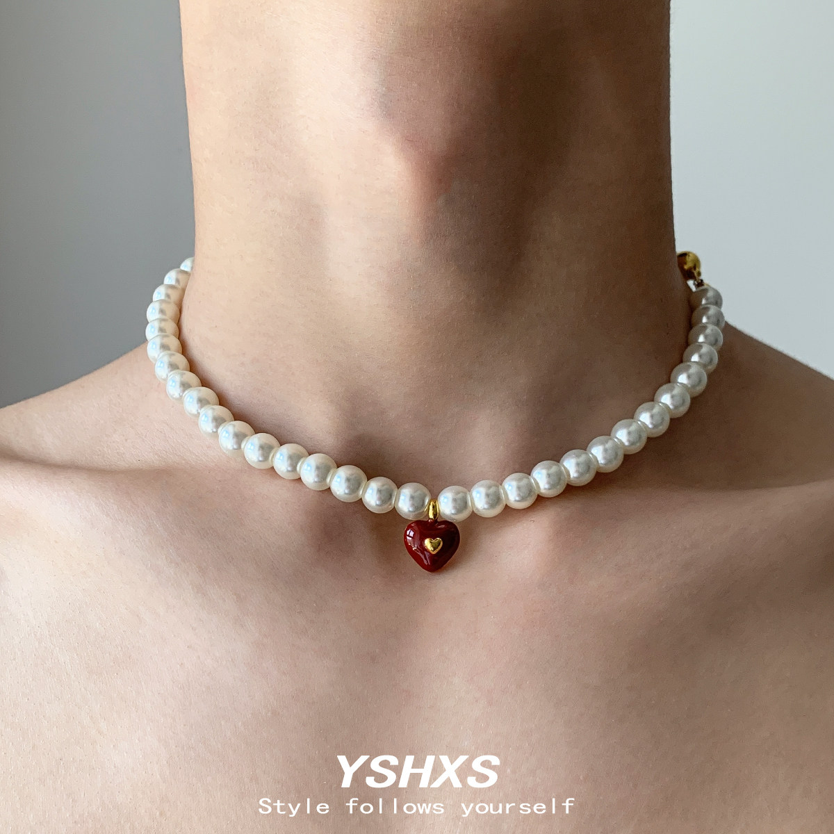 YSHXS 复古法式宫廷少女红爱心吊坠珍珠项链小众设计锁骨链颈链,饰品/流行首饰/时尚饰品新,项链,淘宝优惠券,粉丝福利购,淘宝优惠卷