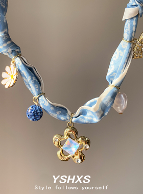 蓝色丝巾编织项链女小众设计感