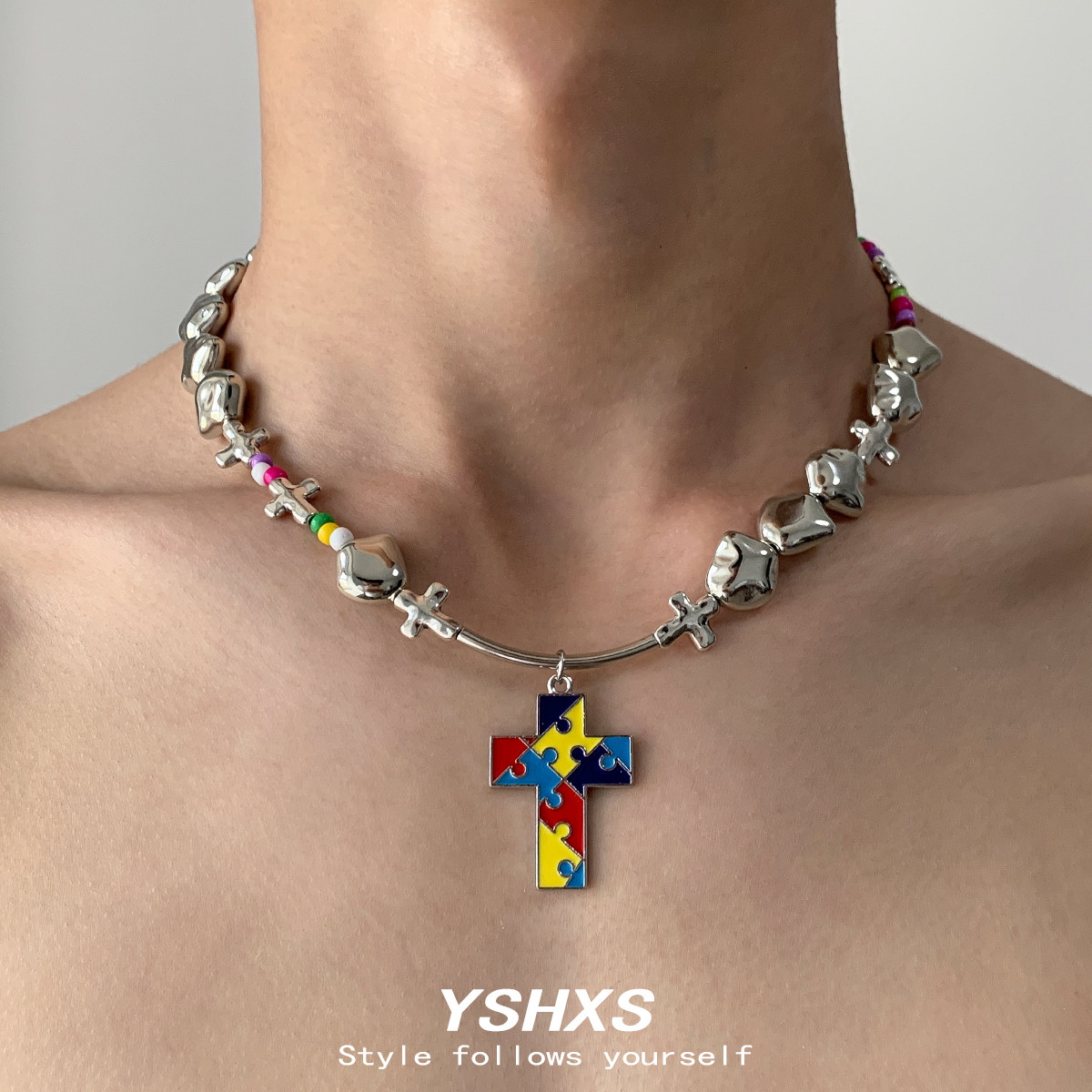 多巴胺彩色穿石十字架项链女复古甜酷风个性超闪锁骨链,饰品/流行首饰/时尚饰品新,项链,淘宝优惠券,粉丝福利购,淘宝优惠卷