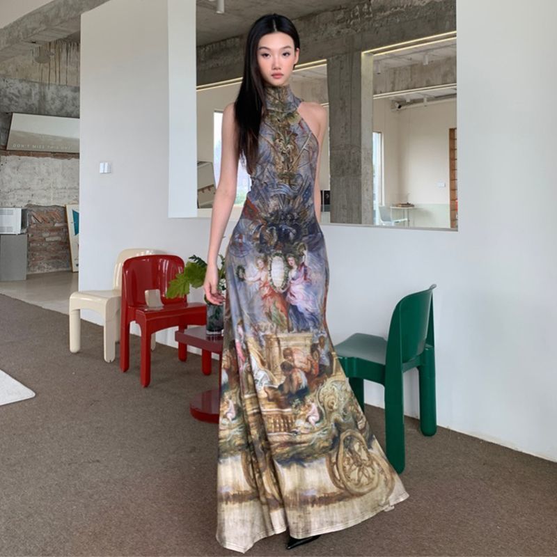 油画复古印花辣妹修身露