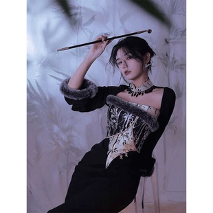 四斤自制Modern竹聆涧 国风战袍 银竹相间 原创改良秋冬长款旗袍