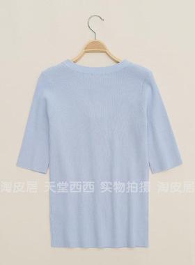 41360单~65欧!纯色V领半开襟修身五分袖针R织衫上衣女0.24