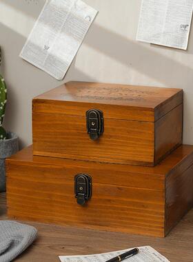 Zakka日式复古实木大小号桌面首饰整理盒带锁木盒子收纳盒收纳箱