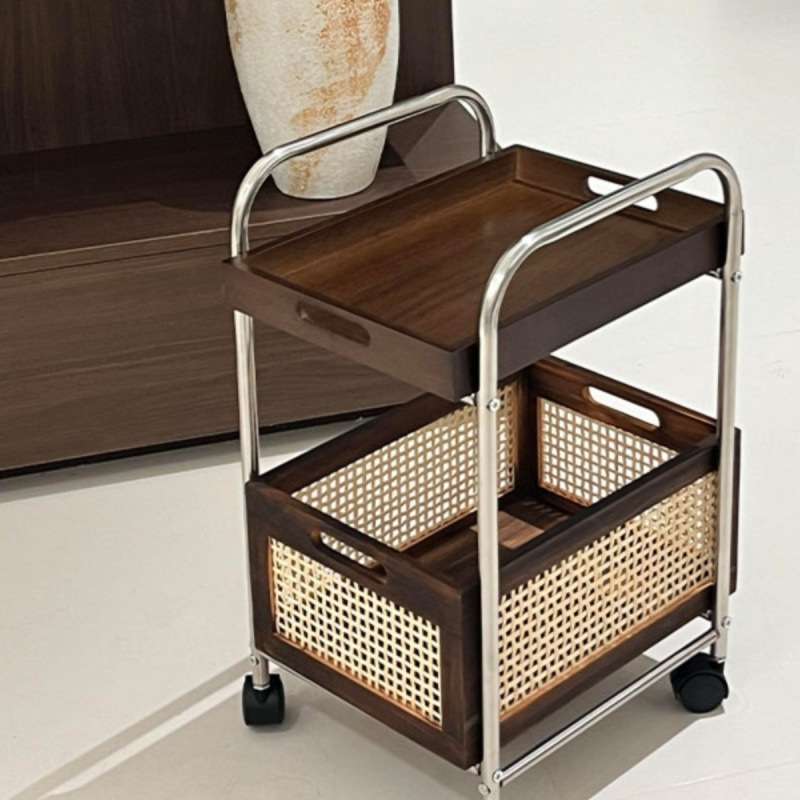 中古实木边几可移动小推车沙发边柜置物柜客厅茶水架高级藤编