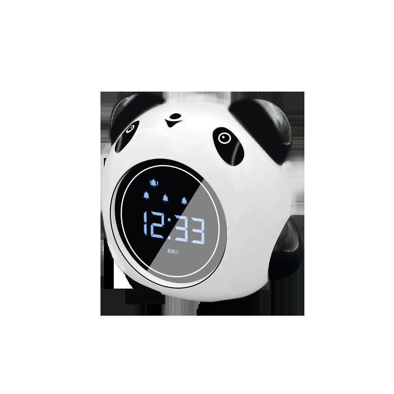 新款创意卡通熊猫闹钟儿童静音学习时钟数字振动LED充电小闹钟