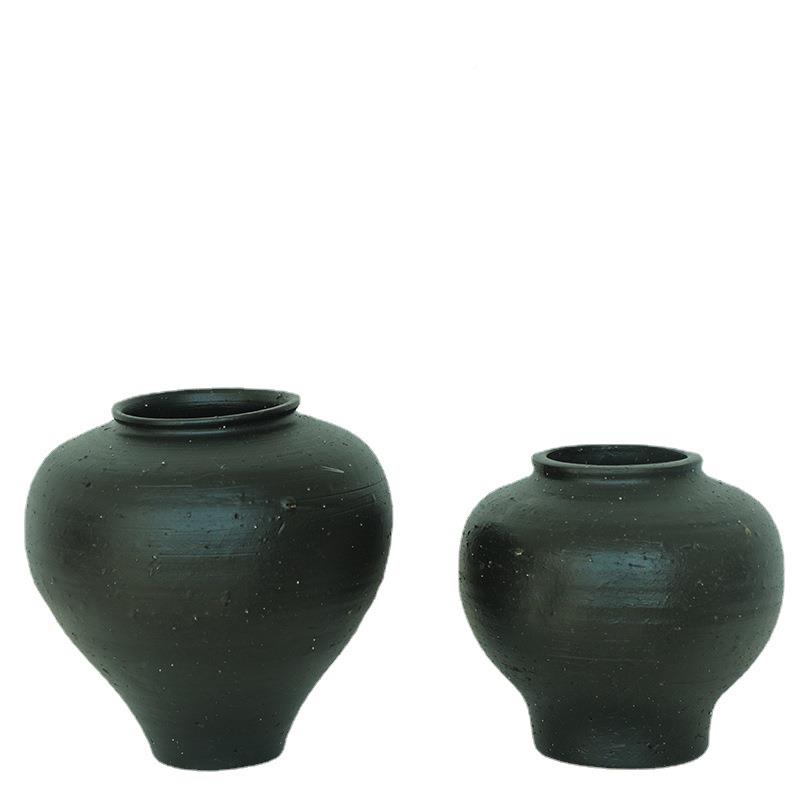 寂厅插花装饰古黑色粗陶花客瓶复中式ins风GPY民宿禅侘意干花摆件