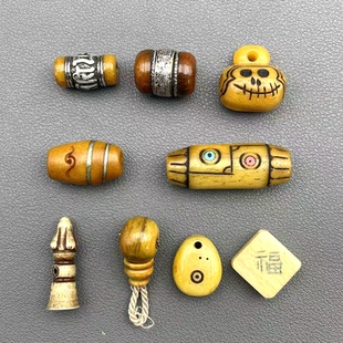 精工驼骨镶嵌六字真言转运珠桶珠天珠阿呆配饰藏式文玩三通卡子