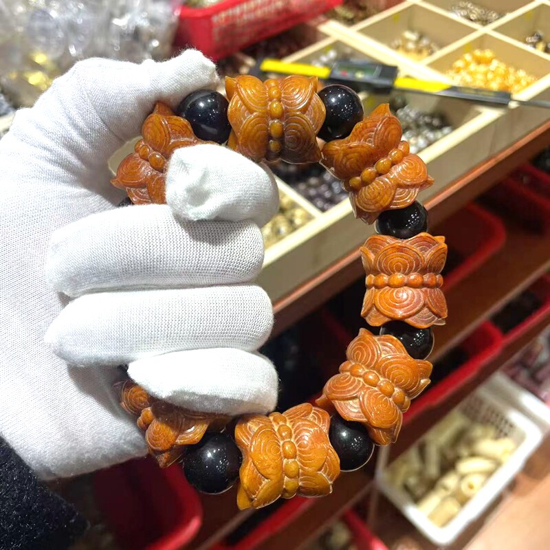 文玩收藏西藏牦牛骨雕刻并蒂莲莲花手串大尺寸霸气手持念珠特色