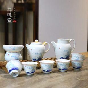 ｜寻味堂甜白瓷整套全套家用功夫茶具盖碗茶壶 浮雕手绘礼盒套装