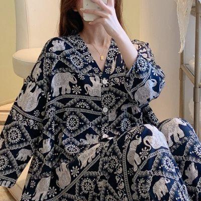 棉绸睡衣女春秋长袖绵绸家居服夏季薄款人造棉套装大码200斤可爱