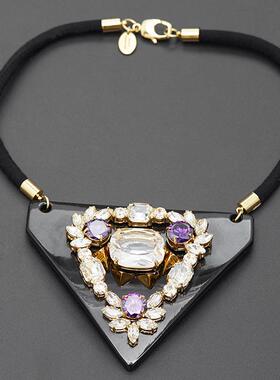 欧美个性轻奢时尚气质紫水晶宝石花朵黑色大三角板礼服锁骨项链女