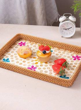 手工藤编贝壳彩色收纳家用客厅轻奢野餐点心干果茶杯餐厅托盘果盘