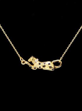 风网红时尚气质百搭黑色镶钻豹子吊坠925银饰项链锁骨链女