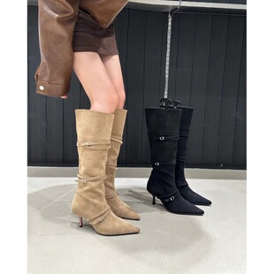 时髦精长靴2025秋冬细带尖头绒面细跟高筒靴不过膝高跟长靴女鞋
