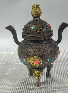 古玩仿古铜器镶嵌宝石铜三足香炉居家工艺品摆件