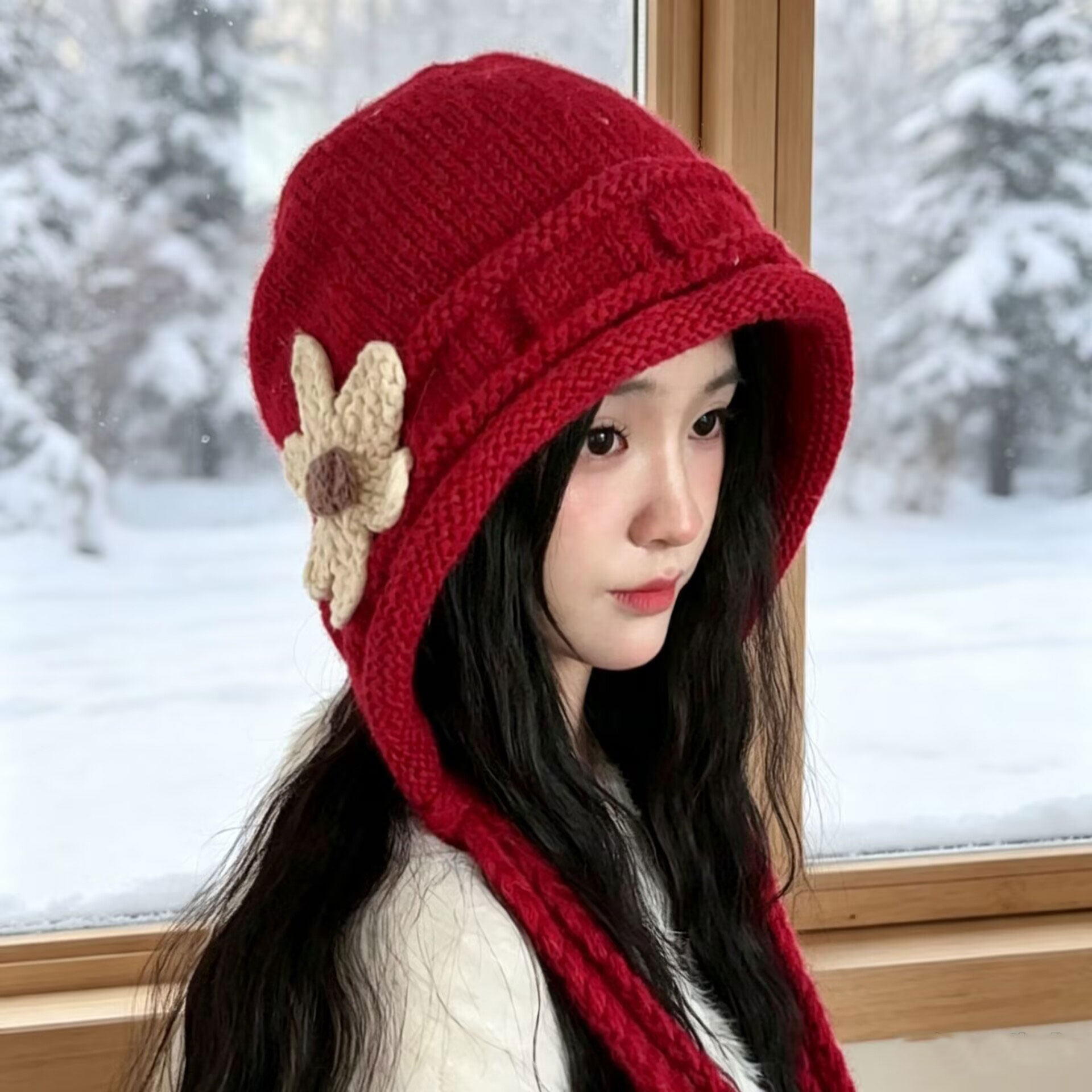 秋冬女红花流苏针织保暖护耳帽