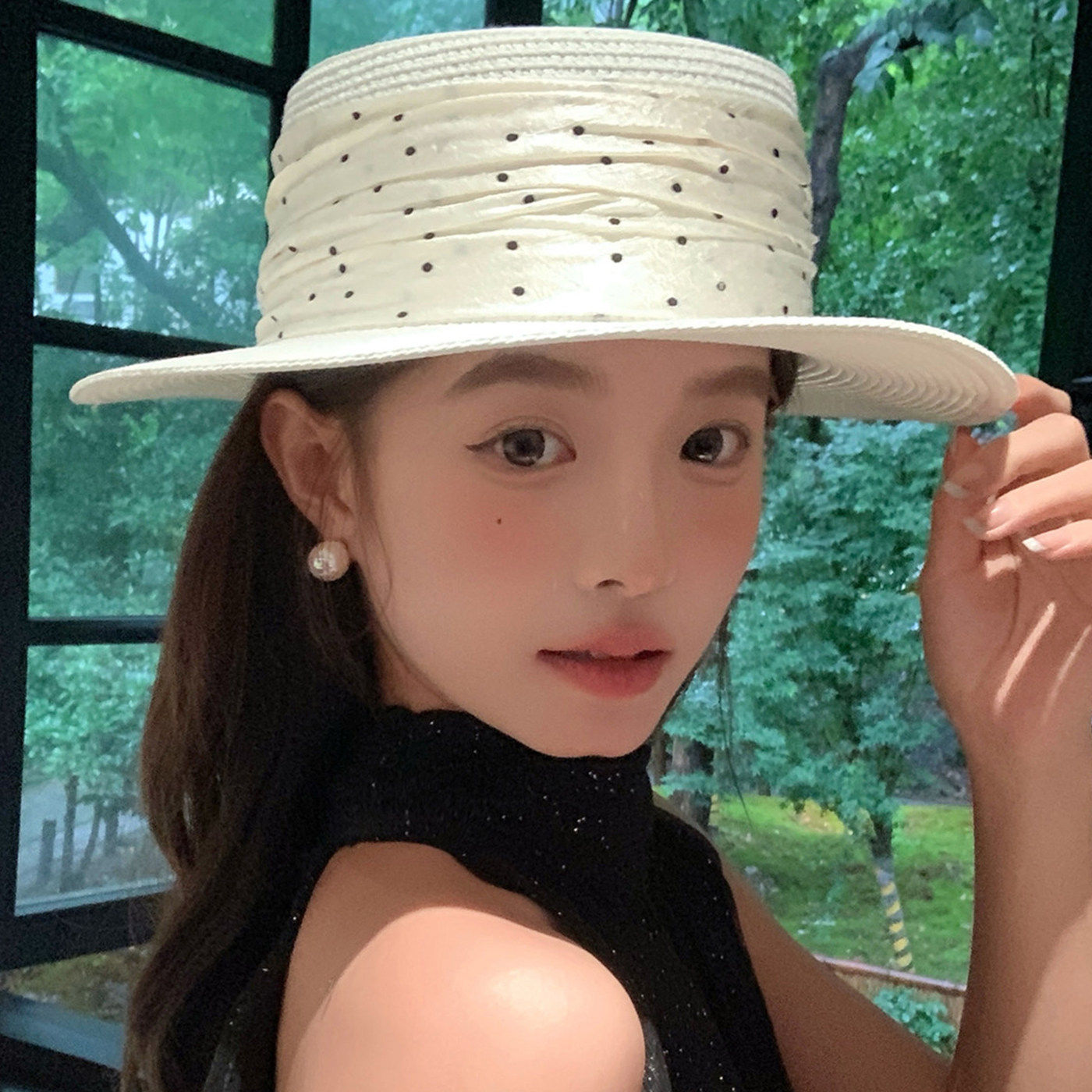 日系小清新波点草帽女夏季遮阳帽