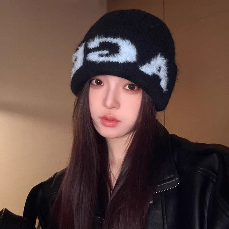 韩版简约时尚百搭字母针织毛线帽子女冬季加厚保暖显脸小包头帽潮