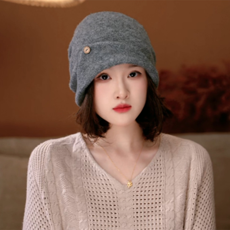 秋冬韩版复古木扣针织堆堆帽女