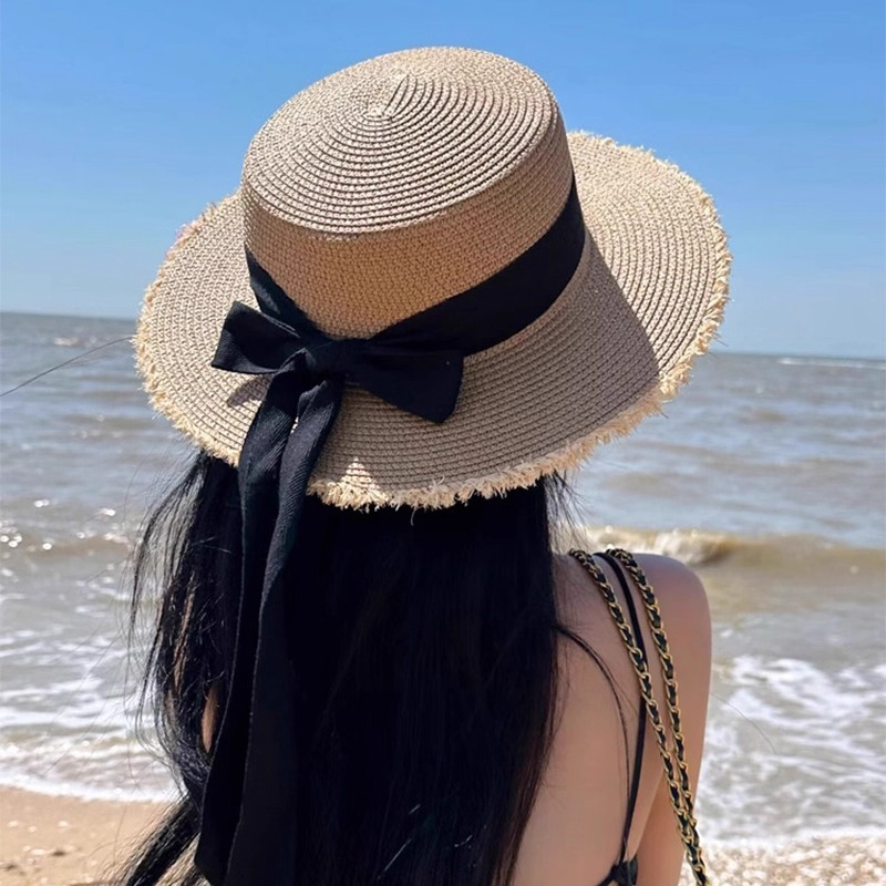 蝴蝶结毛边平顶草帽女夏季