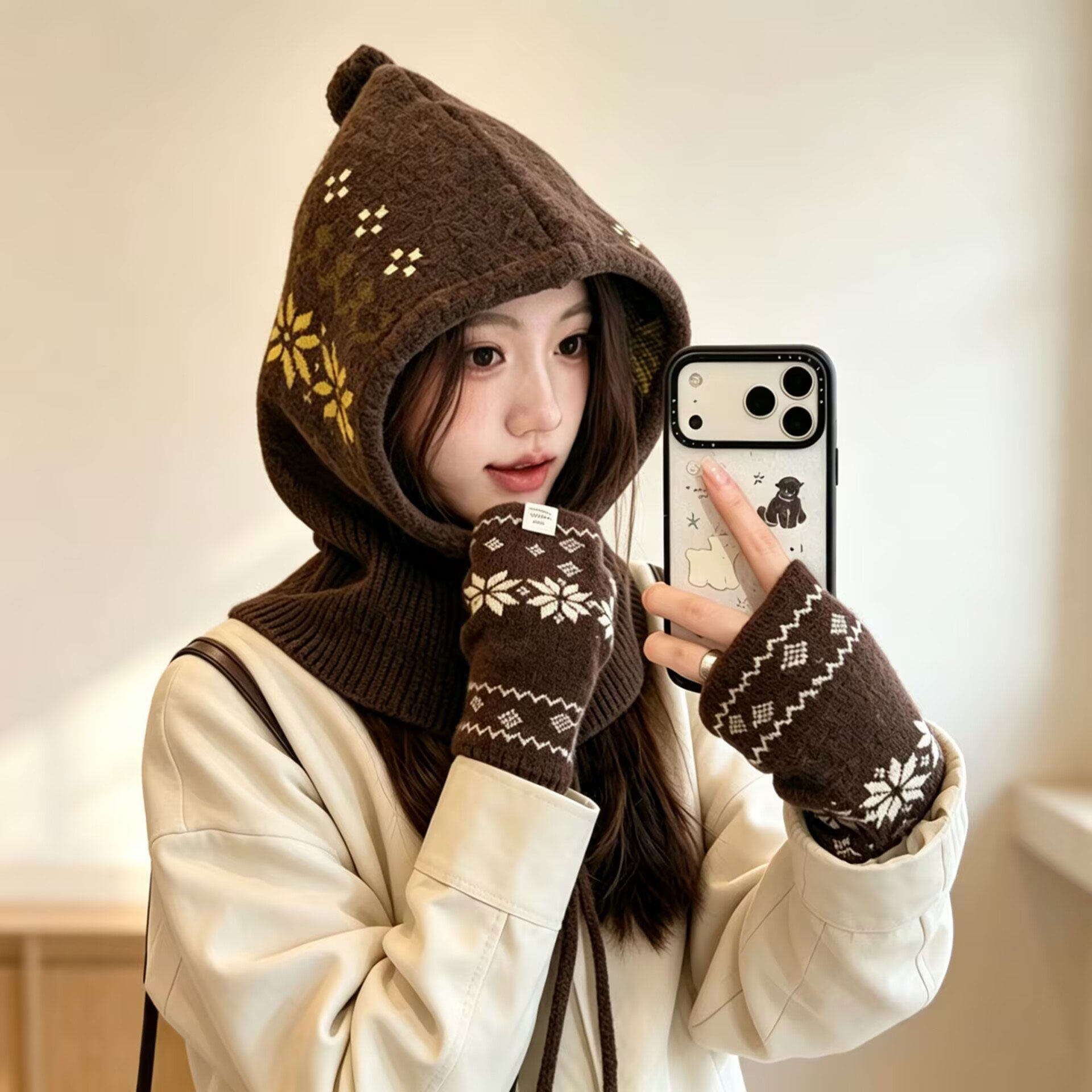 冬季女款费尔岛提花护耳围巾帽