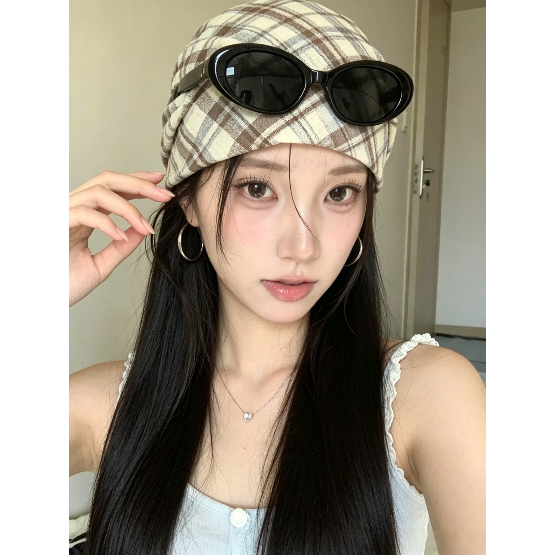 复古格纹堆堆帽女慵懒风韩版包头冷帽日系休闲百搭月子帽头巾帽潮