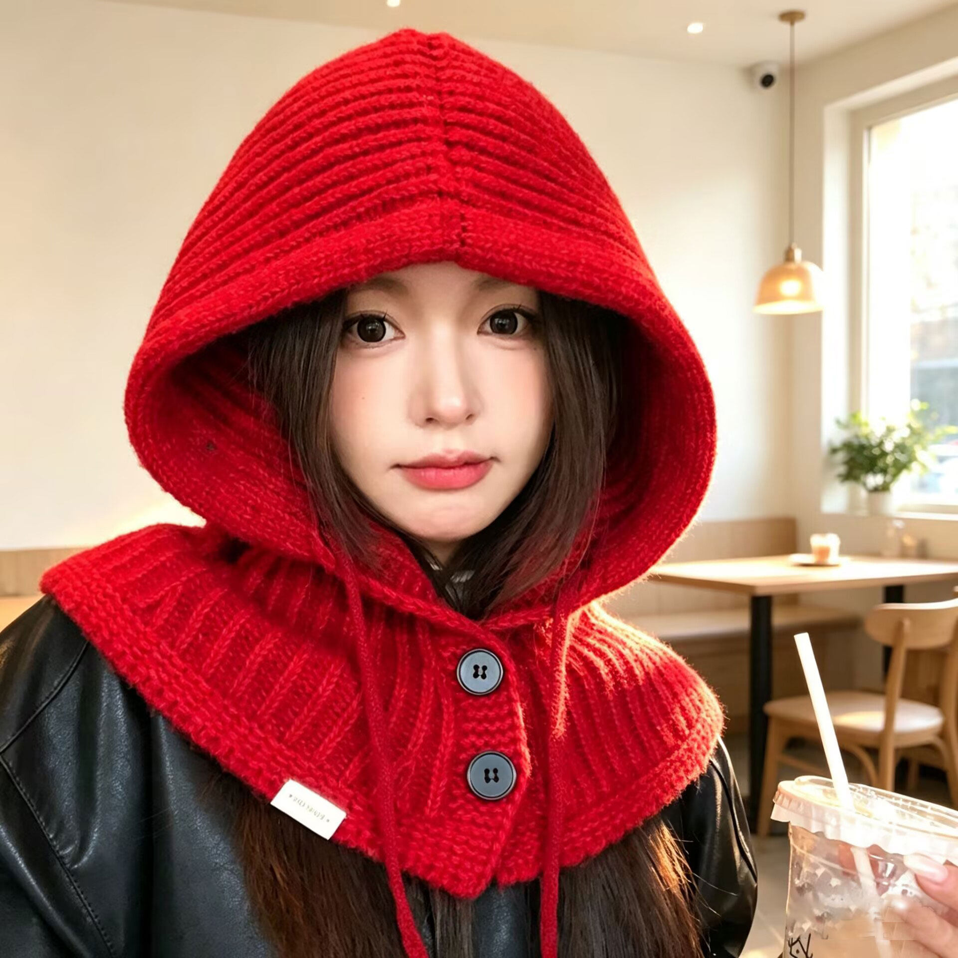 秋冬女保暖护耳围巾一体毛线帽