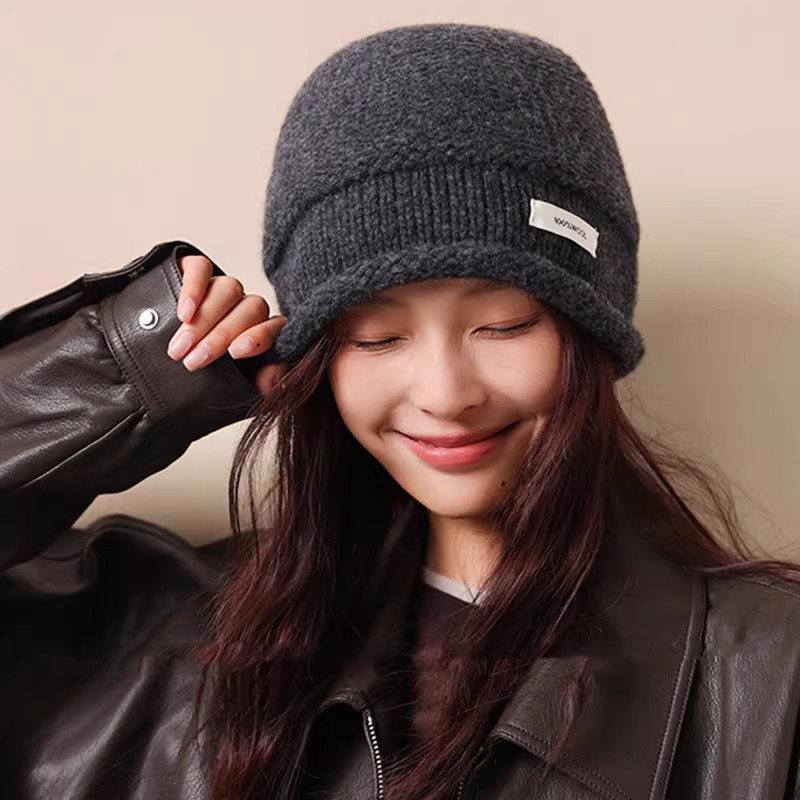 韩版羊毛卷边保暖毛线帽子女秋冬防寒护耳时尚大头围针织包头帽潮