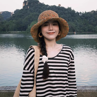 夏季镂空防晒遮阳帽子女透气手工编制彩色海边度假大檐渔夫帽草帽