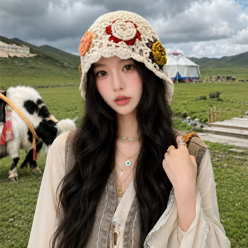 民族风钩花流苏针织帽女显脸小