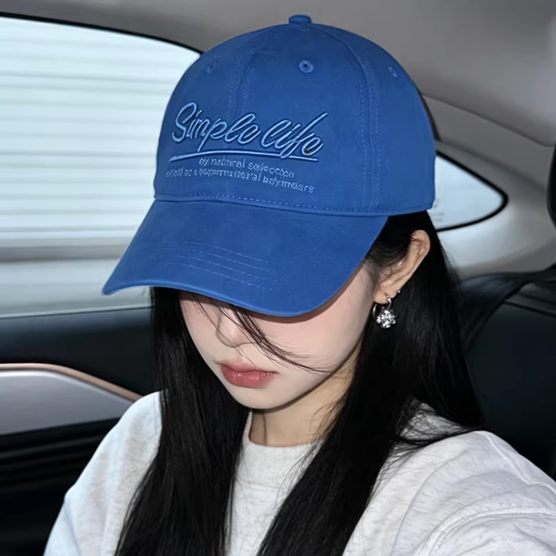 韩版街头复古字母刺绣蓝色棒球帽男女百搭显脸小春夏薄款鸭舌帽子