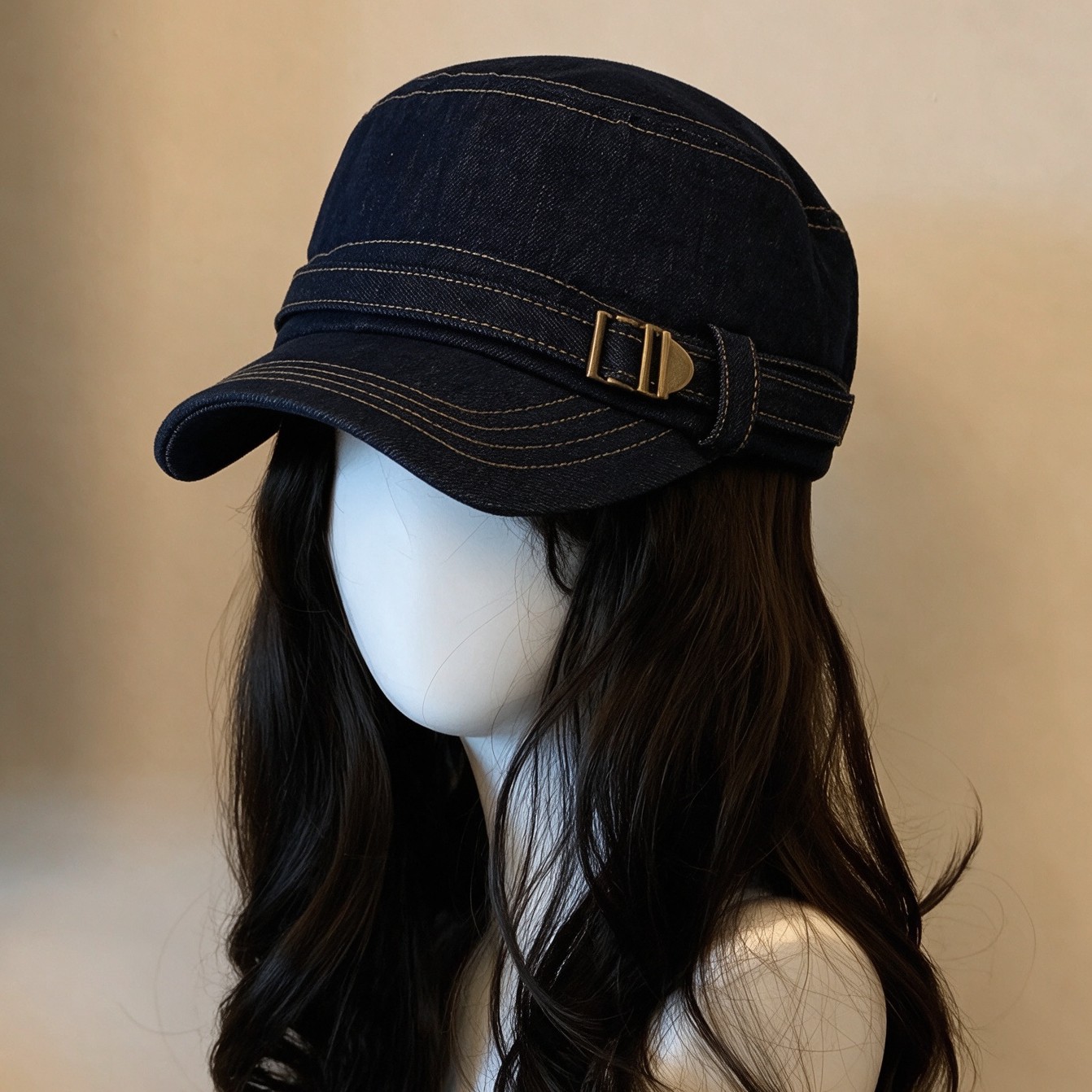 韩版新款复古深牛仔平顶帽金属扣马术帽女显脸小报童帽百搭鸭舌帽