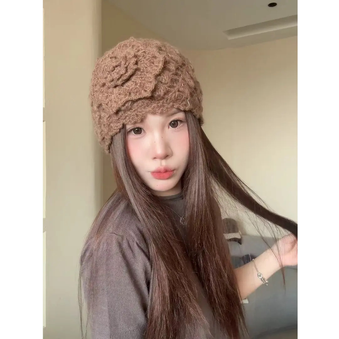 秋冬女手工钩针花朵包头帽显脸小