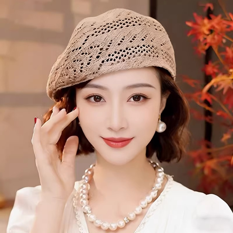 夏季透气亚麻镂空贝雷帽女遮阳