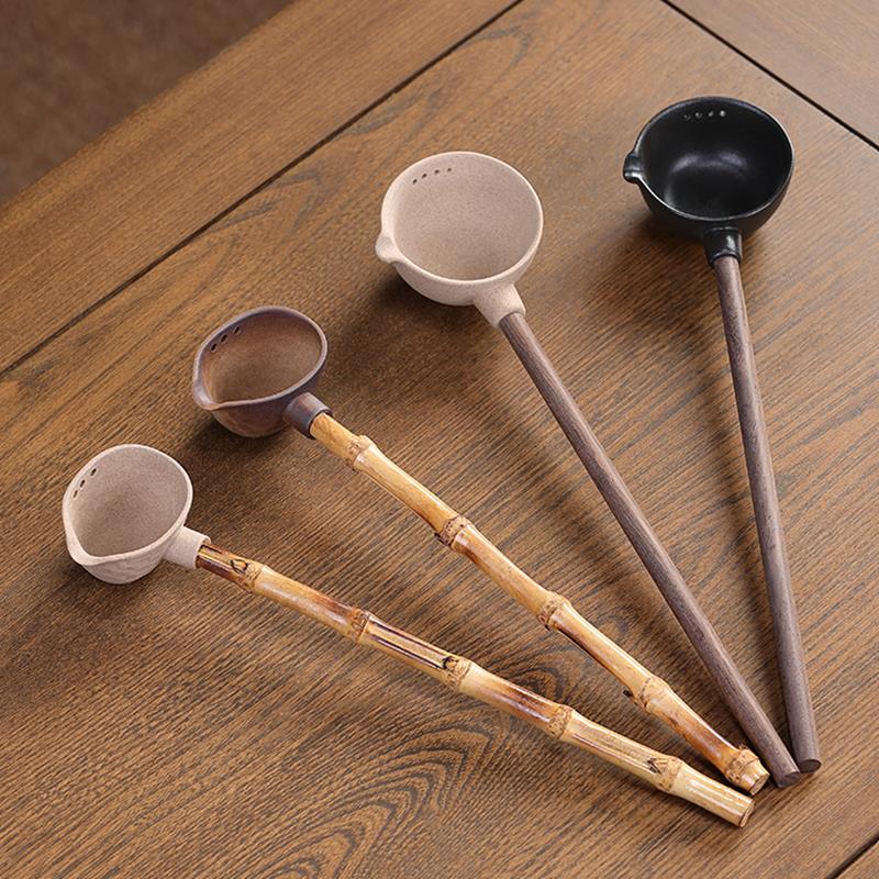 分茶勺防烫分茶器麦饭石陶瓷黑檀木柄勺子茶匙功夫茶具长柄竹舀水