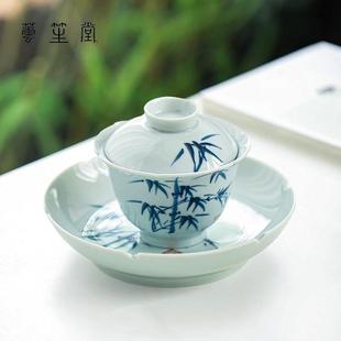 仿古青瓷手绘三才盖碗小号家用陶瓷泡茶碗女生待客泡茶器防烫 日式