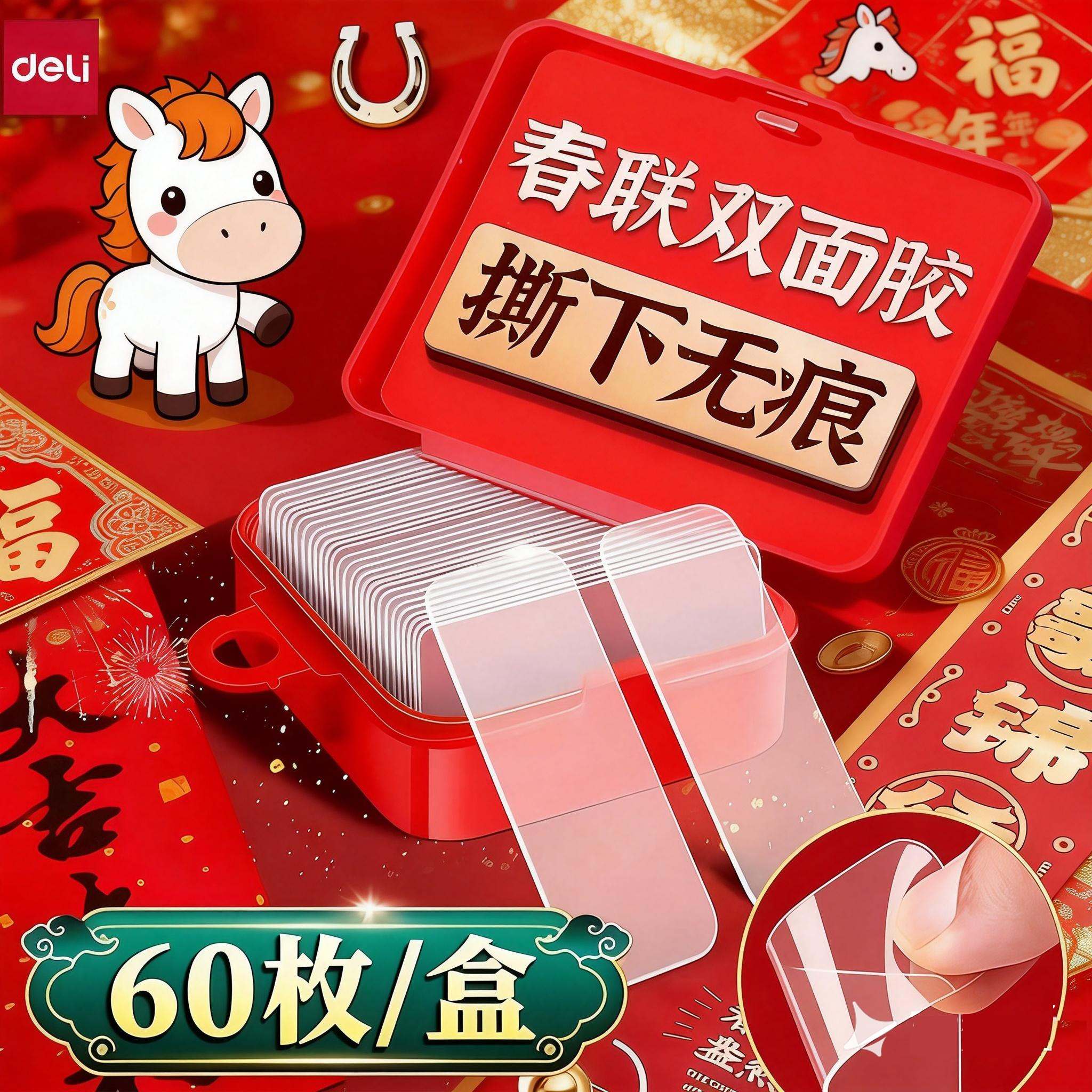 得力春联胶无痕双面胶墙面对联专用透明胶贴婚车婚房纳米胶贴片高粘度