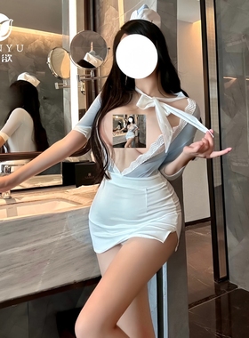性感前缘~空姐制服饰巾超低深V开胸拼色透视超短小半包臀裙套装女