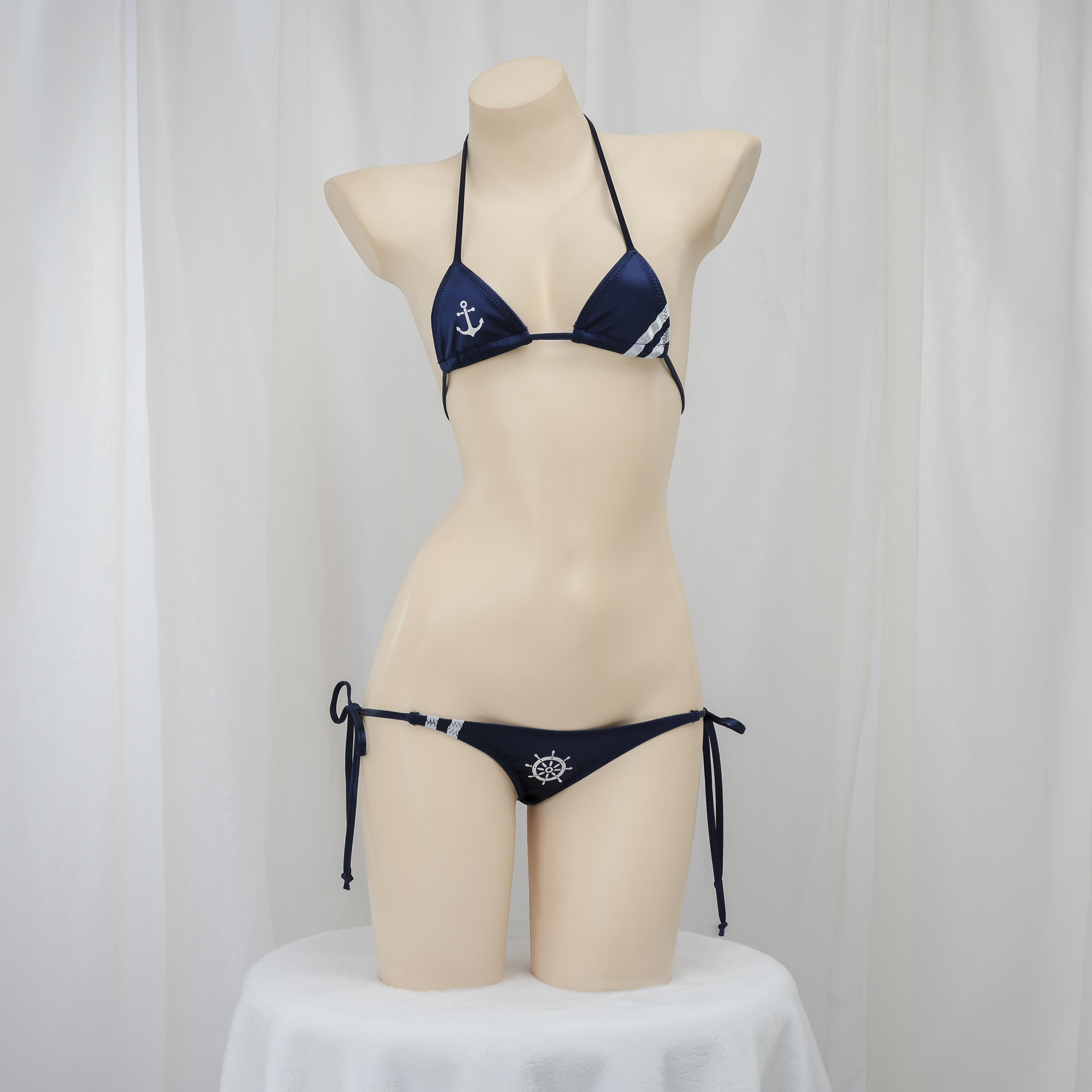 夏日比基尼暴露性感身材情人趣味约会藏蓝三点式系带泳衣bikini女