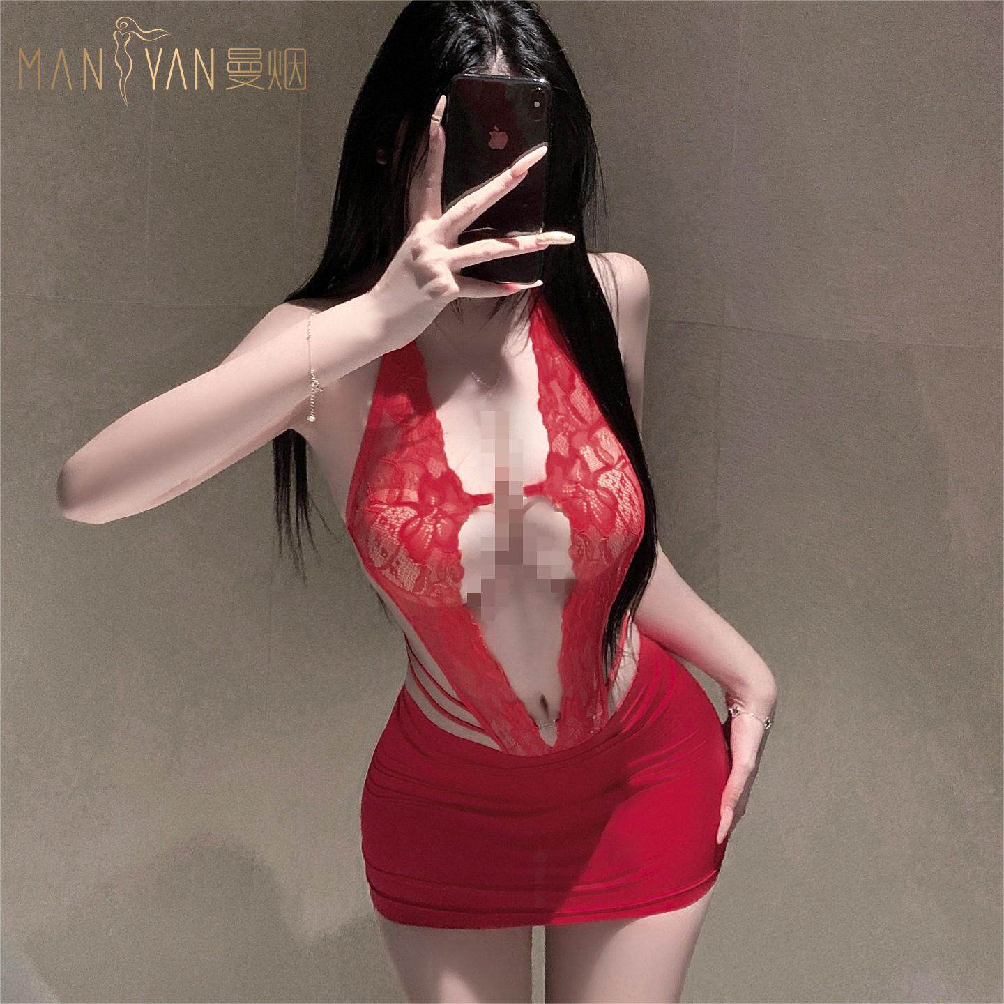 性感前缘透明蕾丝挂脖绑带连体衣超短半身裙套装夜会所技师工作服